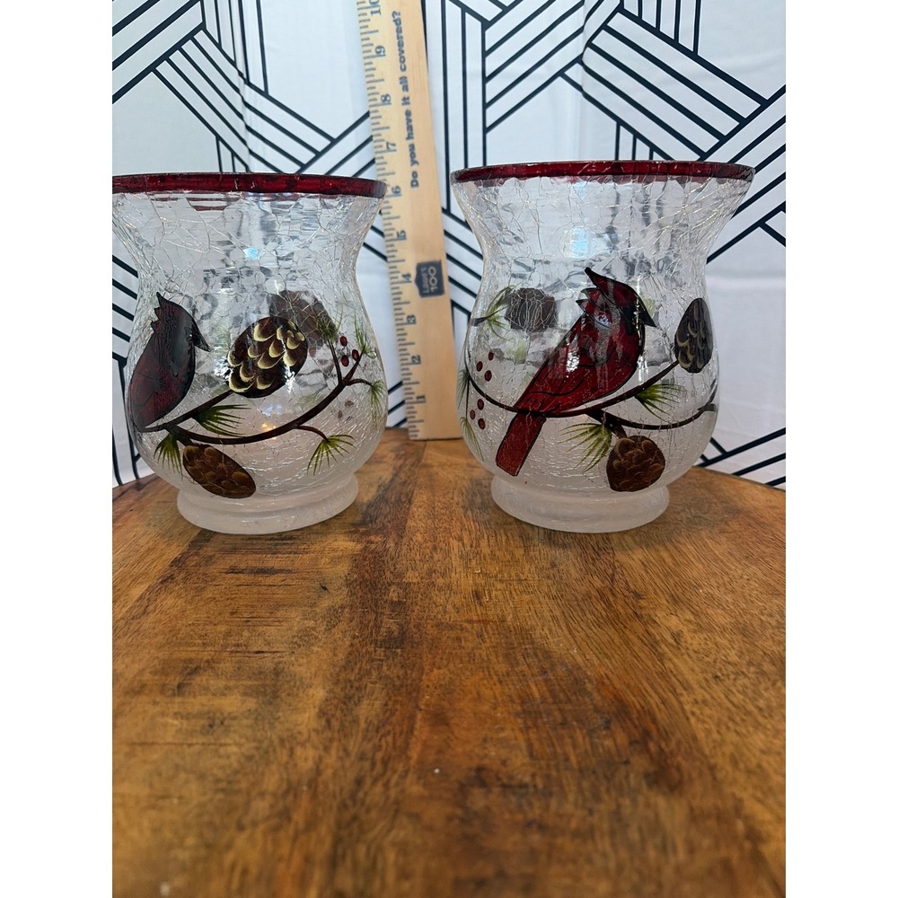 Set of 2 Cardinal Crackle Glass Candle Holders Winter Pinecone Hand Painted 6in